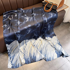 Abstract navy and white silk scarf, artistic flair, pop of navy blue from Cloque